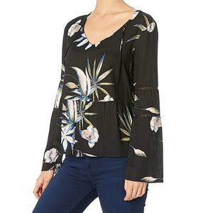 Roxy Heat of Banjar Tropical Floral Leaf Long Sleeve Peplum Bell Sleeve